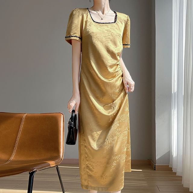 Short-Sleeve Square-Neck Floral Jacquard Satin Midi A-Line Dress