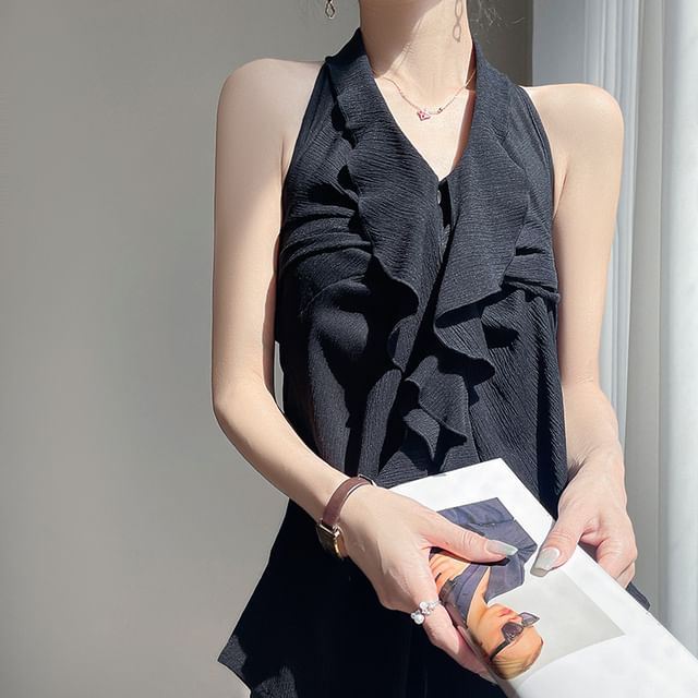 Halter-Neck Plain Ruffled Button-Up Top