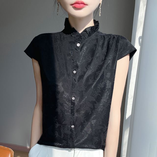 Short-Sleeve Floral Jacquard Ruffled Button-Up Blouse