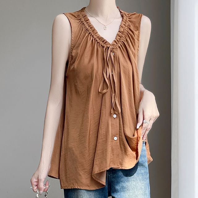 Sleeveless V-Neck Plain Ruffled Button-Up Top