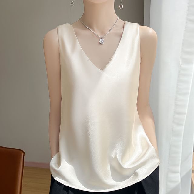 Sleeveless V-Neck Satin Top