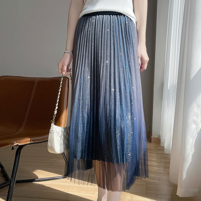 High Waist Glitter Accordion Pleat Midi A-Line Mesh Skirt