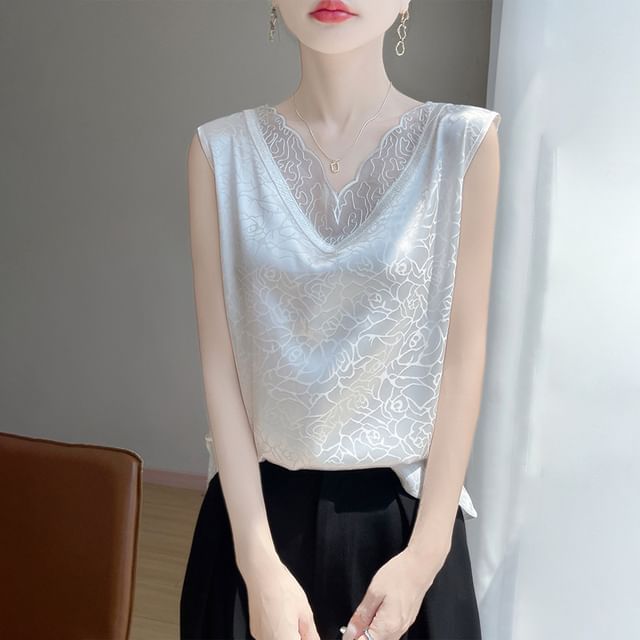 V-Neck Jacquard Mesh Panel Tank Top