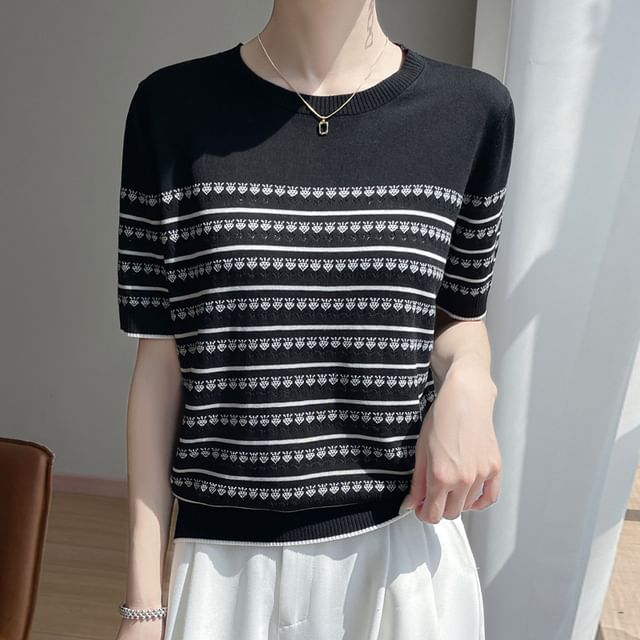 Short-Sleeve Round Neck Striped Knit Top