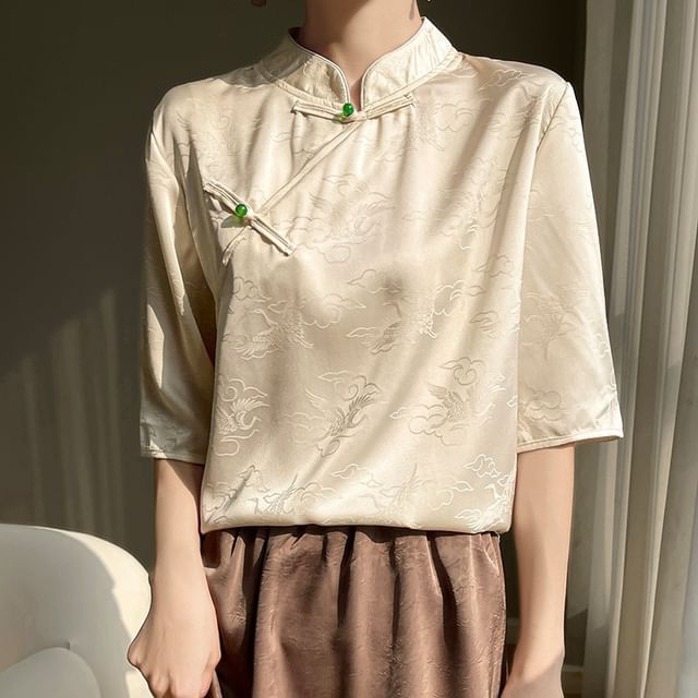 3/4-Sleeve Stand Collar Jacquard Frog Buttoned Satin Blouse