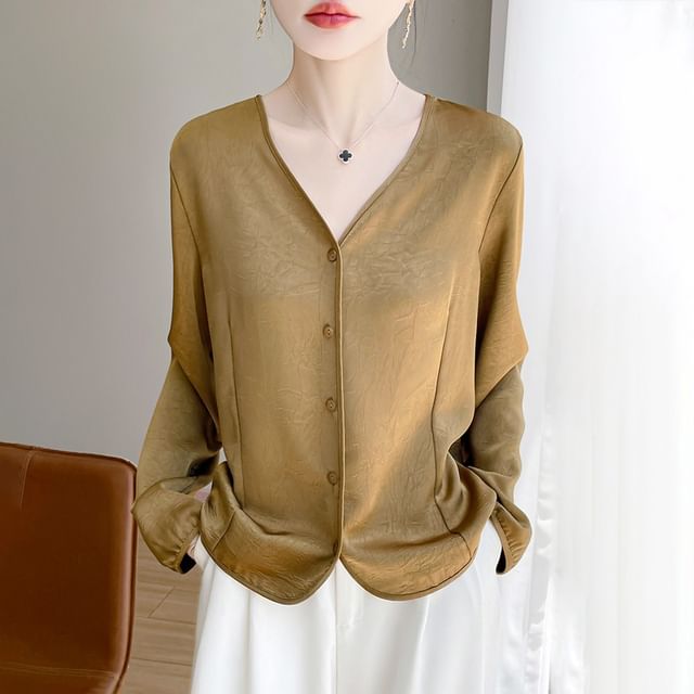 Long-Sleeve V-Neck Button-Up Plain Satin Blouse