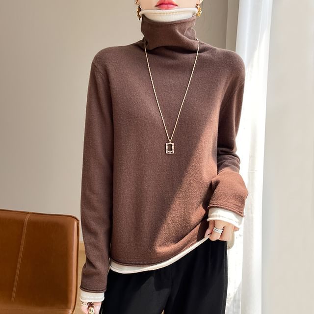Mock Two-Piece Long-Sleeve Turtleneck Knit Top