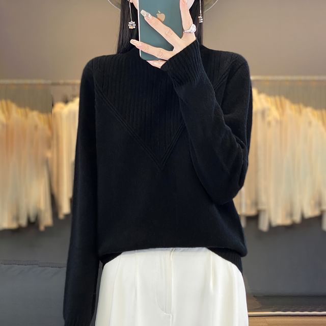 Long-Sleeve High Neck Plain Ribbed Sweater