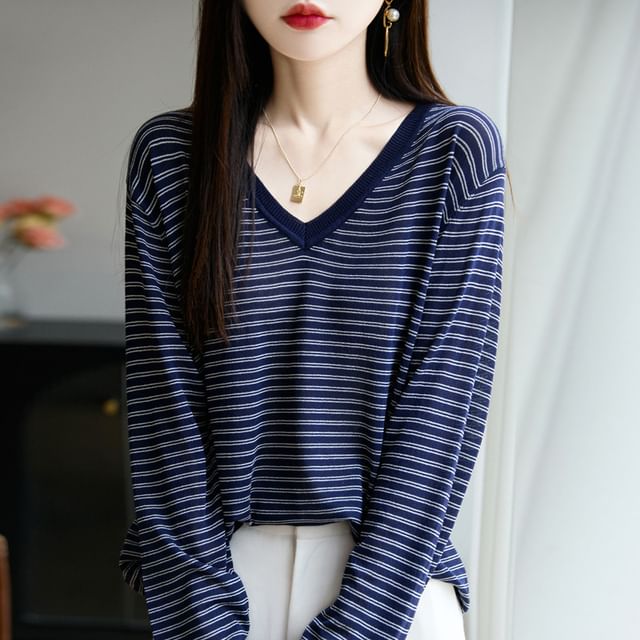 Long-Sleeve V-Neck Striped T-Shirt