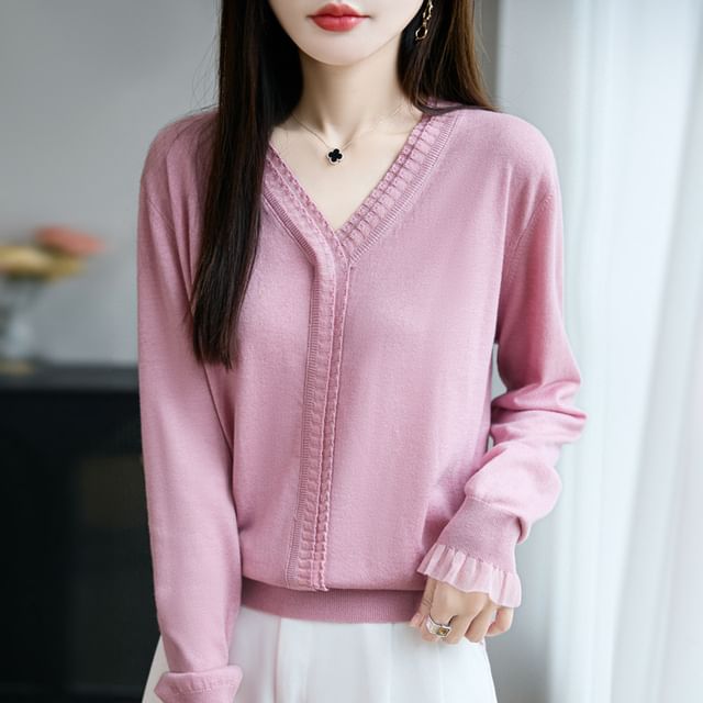 Long-Sleeve V-Neck Plain Mesh Ruffle Sweater
