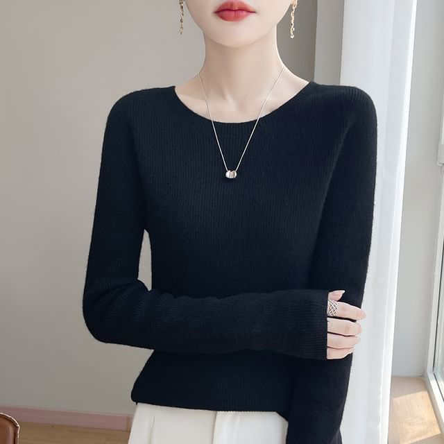 Long-Sleeve Crew Neck Plain Ribbed Knit Top