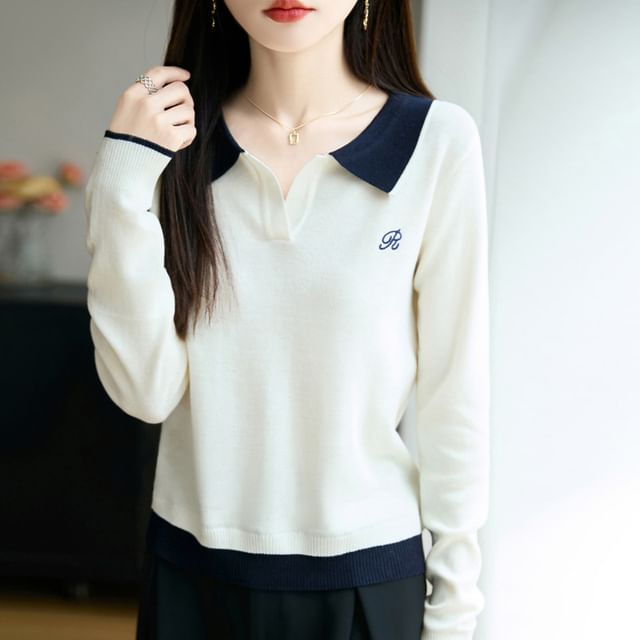 Long-Sleeve Contrast Collar Letter Embroidered Sweater
