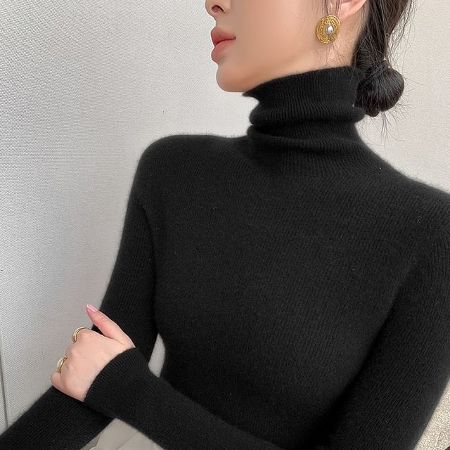 Long-Sleeve Turtleneck Plain Ribbed Knit Top