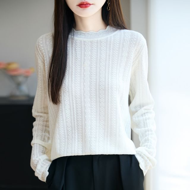 Long-Sleeve High Neck Plain Lace Trim Knit Top