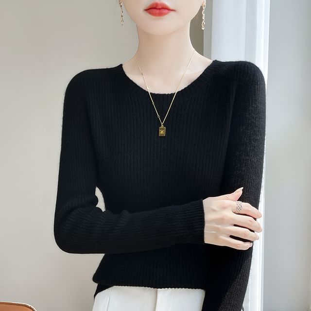 Long-Sleeve Round Neck Plain Ribbed Knit Top