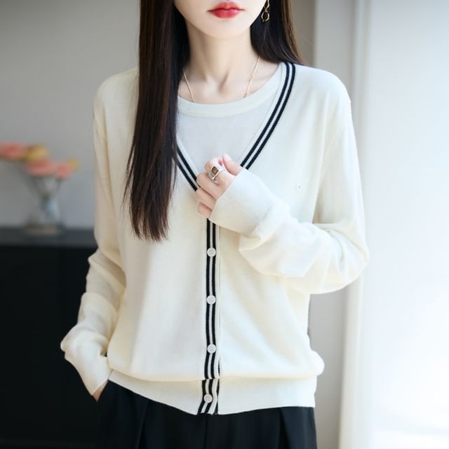 Mock Two-Piece Contrast Trim Button-Up Cardigan