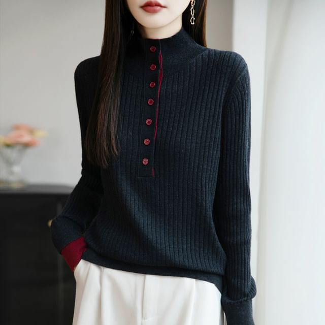 Long-Sleeve Turtleneck Henley Two Tone Ribbed Knit Top