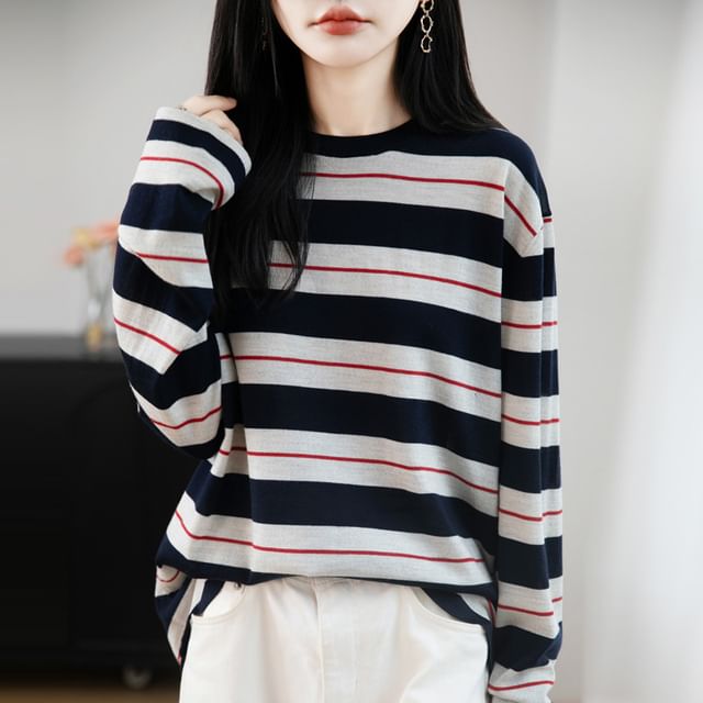 Long-Sleeve Crew Neck Striped Knit Top