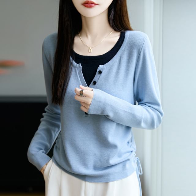 Mock Two-Piece Long-Sleeve Scoop Neck Henley Two Tone Knit Top