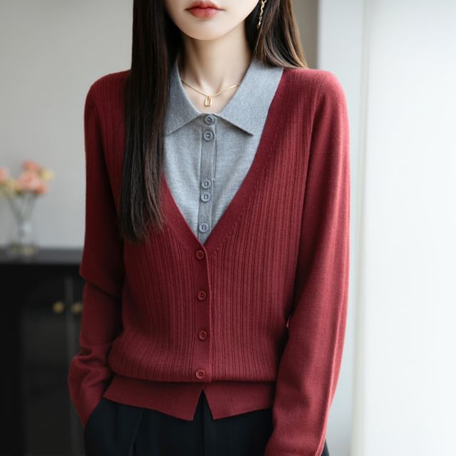 Mock Two-Piece Long-Sleeve Collar Two Tone Ribbed Button Knit Top