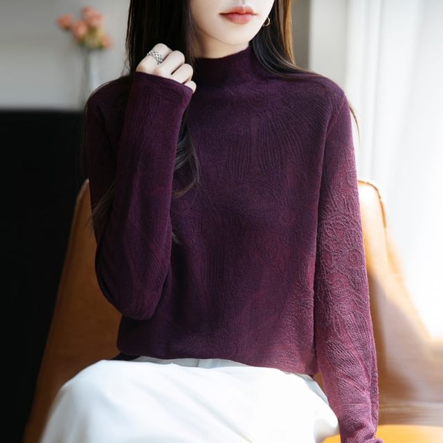 Long-Sleeve Mock Neck Floral Knit Top