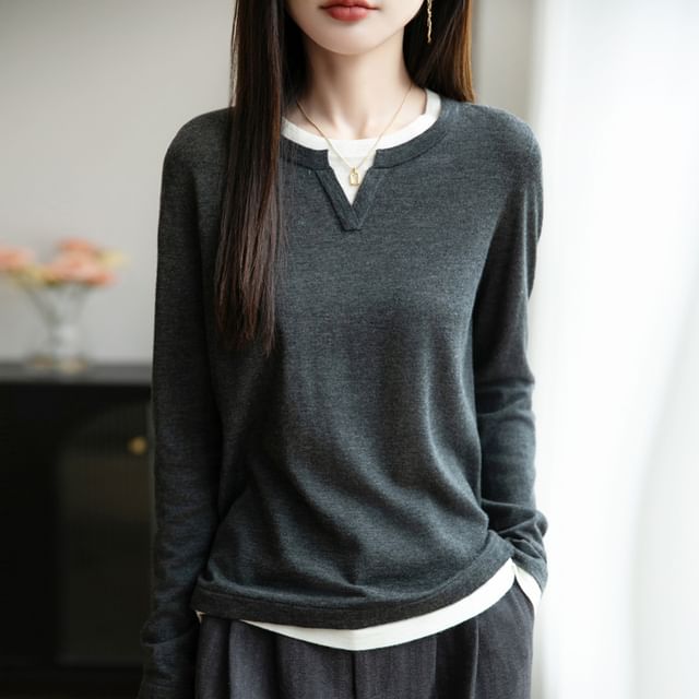 Mock Two-Piece Long-Sleeve Crew Neck Two Tone Knit Top