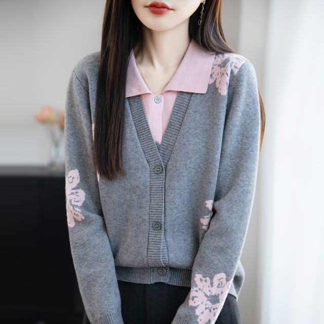 Mock Two-Piece Long-Sleeve Collar Floral Panel Button Knit Top