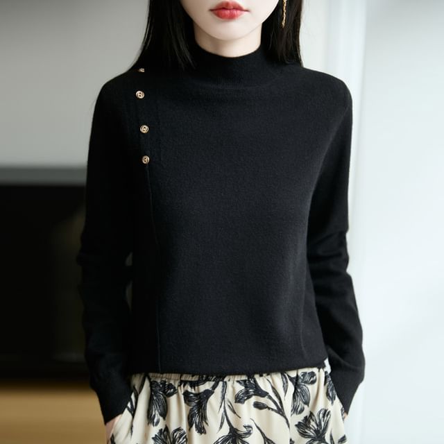 Long-Sleeve Mock Neck Plain Button Knit Top
