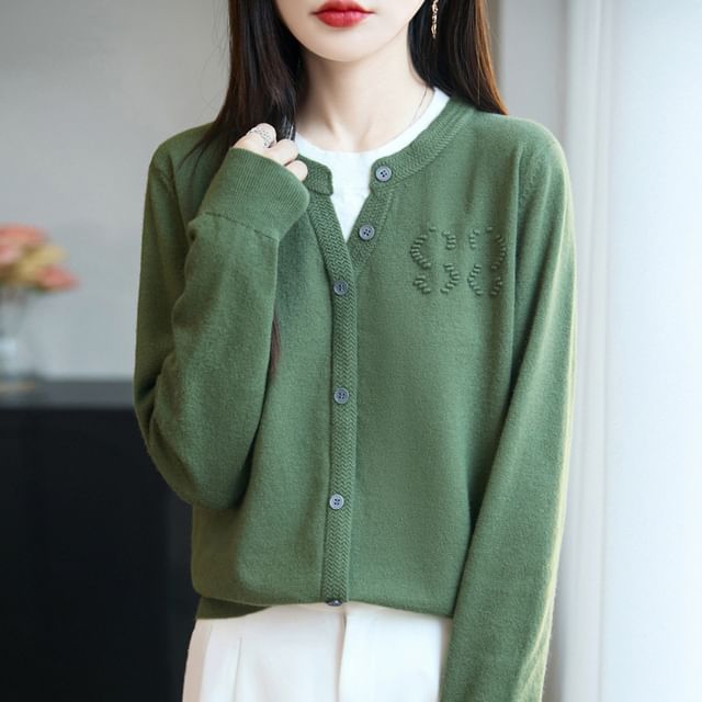 Mock Two-Piece Long-Sleeve Round Neck Two Tone Button Knit Top