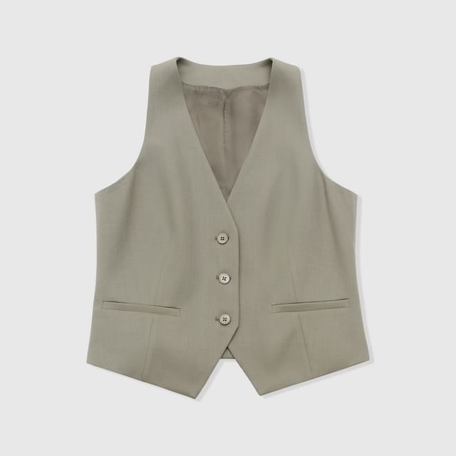 Notch Lapel Plain Single-Breasted Blazer / V-Neck Vest / Drawstring Waist Loose Fit Pants
