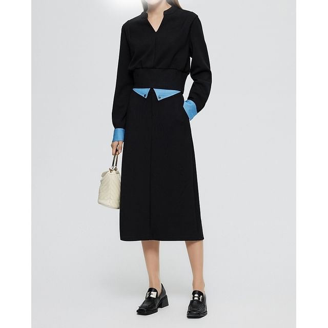 Mock Two-Piece Long-Sleeve V-Neck Two Tone T-Shirt / High Rise Midi Pencil Skirt