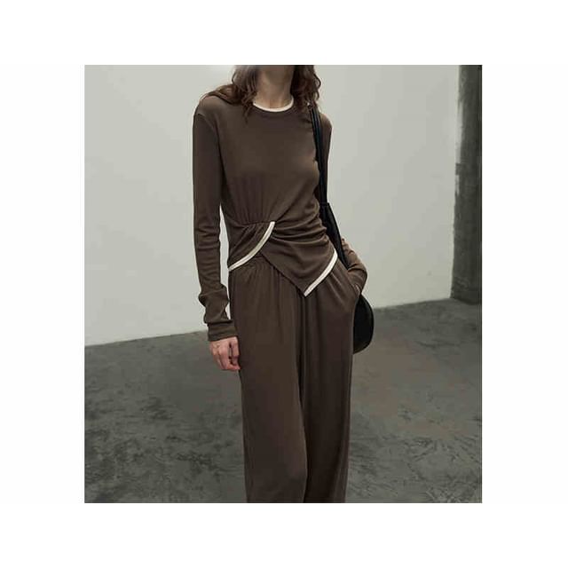 Long-Sleeve Crew Neck Contrast Trim Ruched Asymmetrical Knit Top