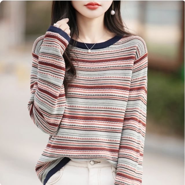 Long-Sleeve Round Neck Striped Contrast Trim Perforated Knit Top