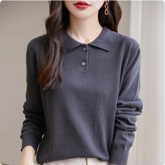 Long-Sleeve Plain Knit Polo Shirt