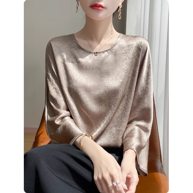 3/4-Sleeve Round Neck Plain Satin Blouse