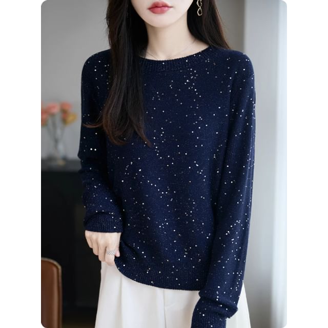 Long-Sleeve Crew Neck Sequin Sweater