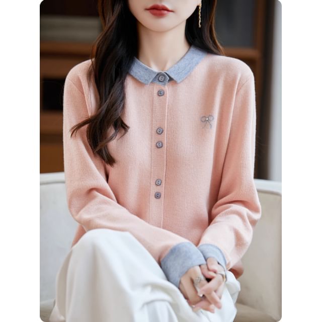 Contrast Collar Bow Print Button-Up Cardigan