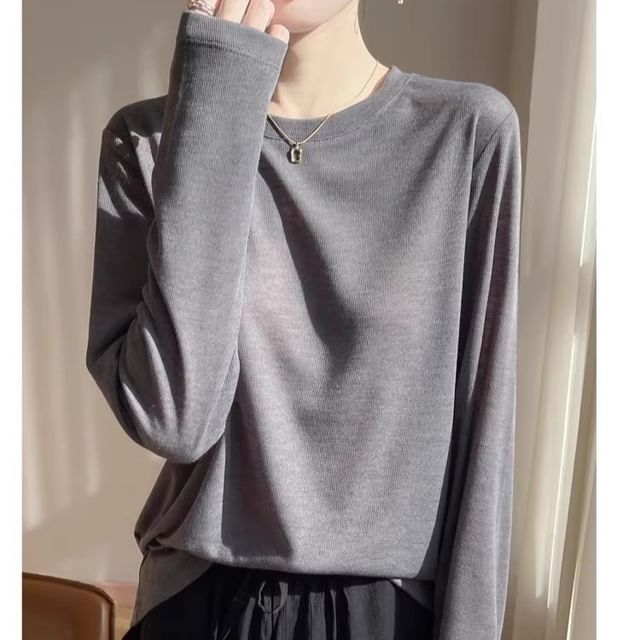 Long-Sleeve Round Neck Plain Knit Top