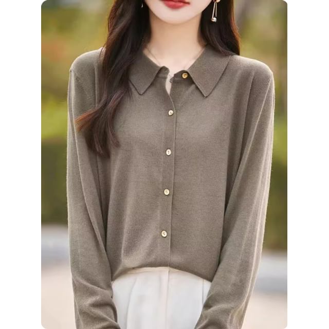 Collared Button-Up Plain Cardigan