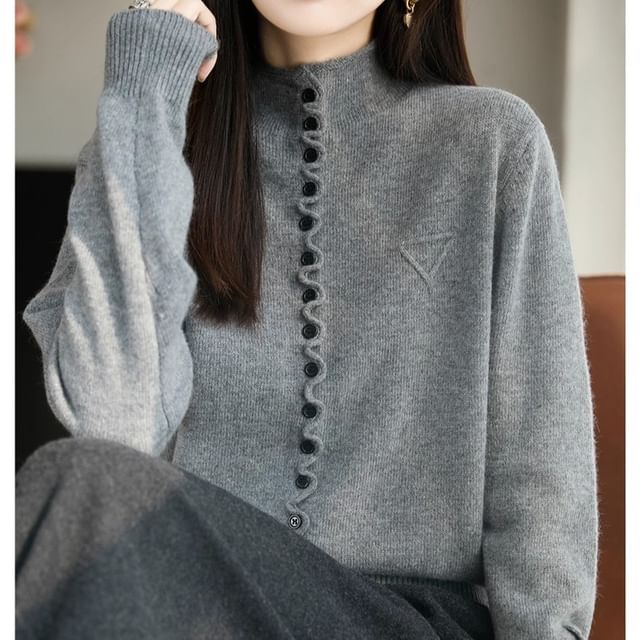 Stand Collar Button-Up Plain Cardigan