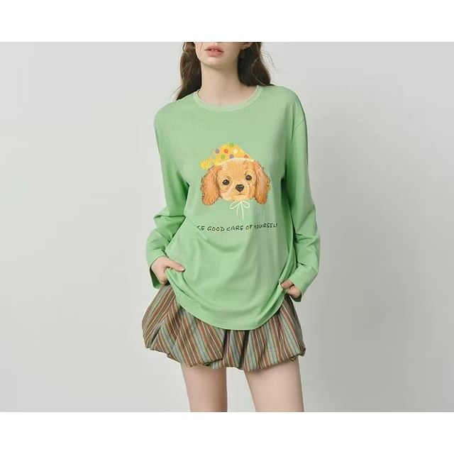 Drawstring Waist Striped Bubble Hem Mini A-Line Skirt / Long-Sleeve Crew Neck Dog Print T-Shirt