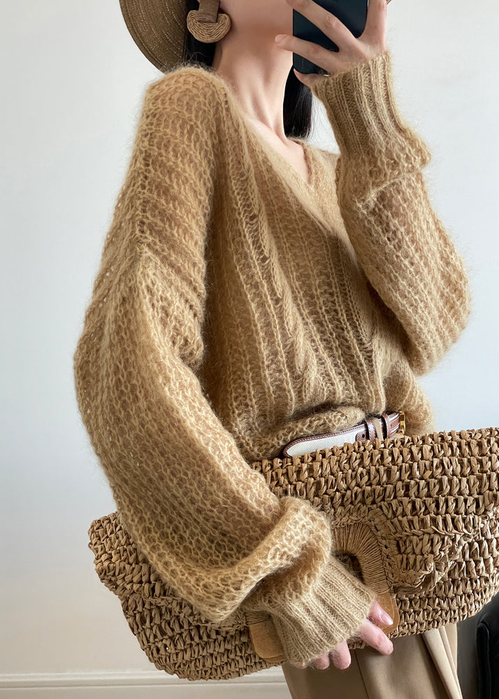 Gelber gemütlicher Strickpullover mit V-Ausschnitt, Winter WQ049