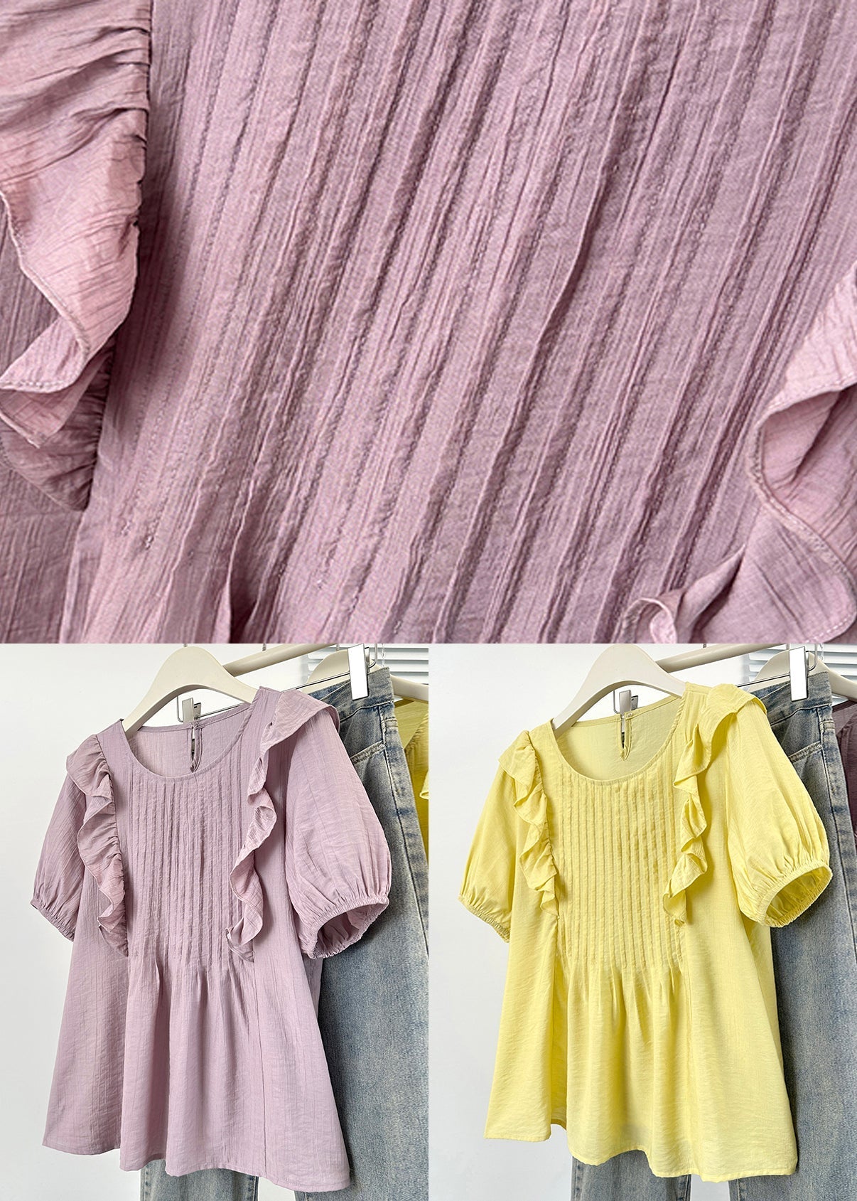 Button Shirts Solid Cotton Neck Yellow O Ruffled