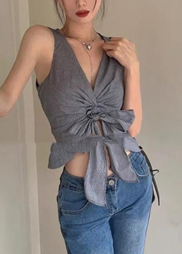 Sexy Graue Weste mit V-Ausschnitt und Taillenbund, Sommer AN1028
