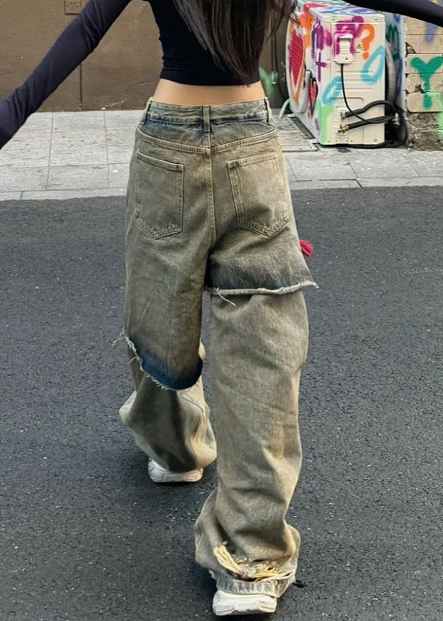 Pantalon en jean bleu vintage taille haute avec faux trous deux pièces, automne WD031