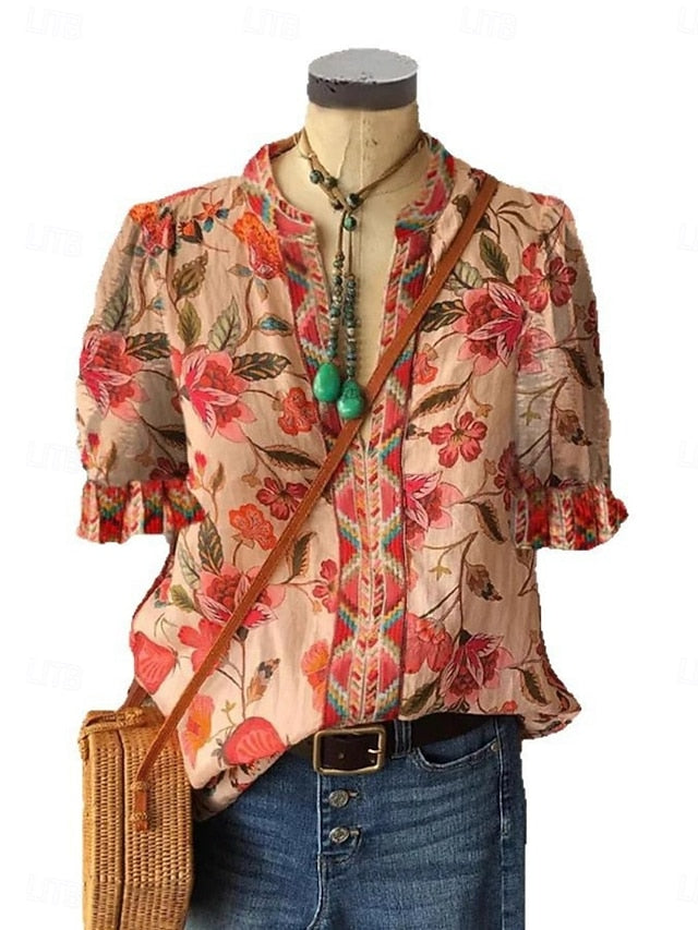 Women's Blouse Ruched Buttons Floral Stylish Casual Short