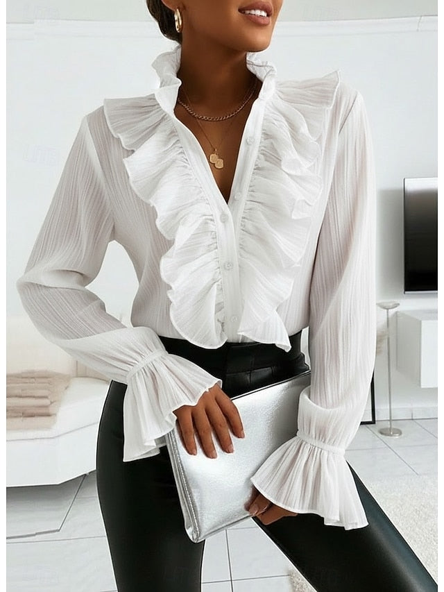 Shirt Blouse Women's White Pink Blue Plain Ruffle Button