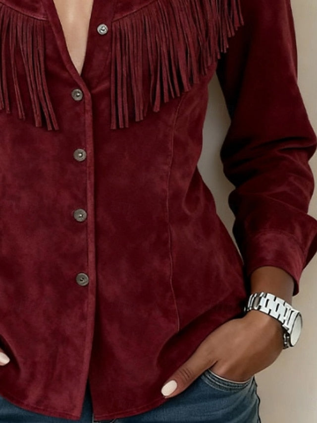 Women's Shirt Blouse Long Sleeve Tops Fringe Plain Western
