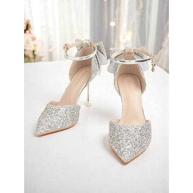 Heels - Pointed Toe Glitter Bow Women's Silver Sparkly