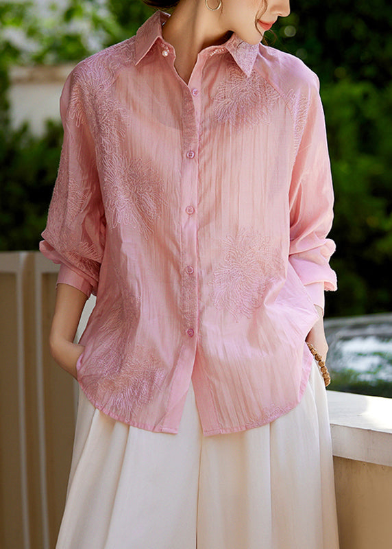 Elegante weiße Peter Pan Kragen bestickte Knopf Seide Shirts Herbst EE019